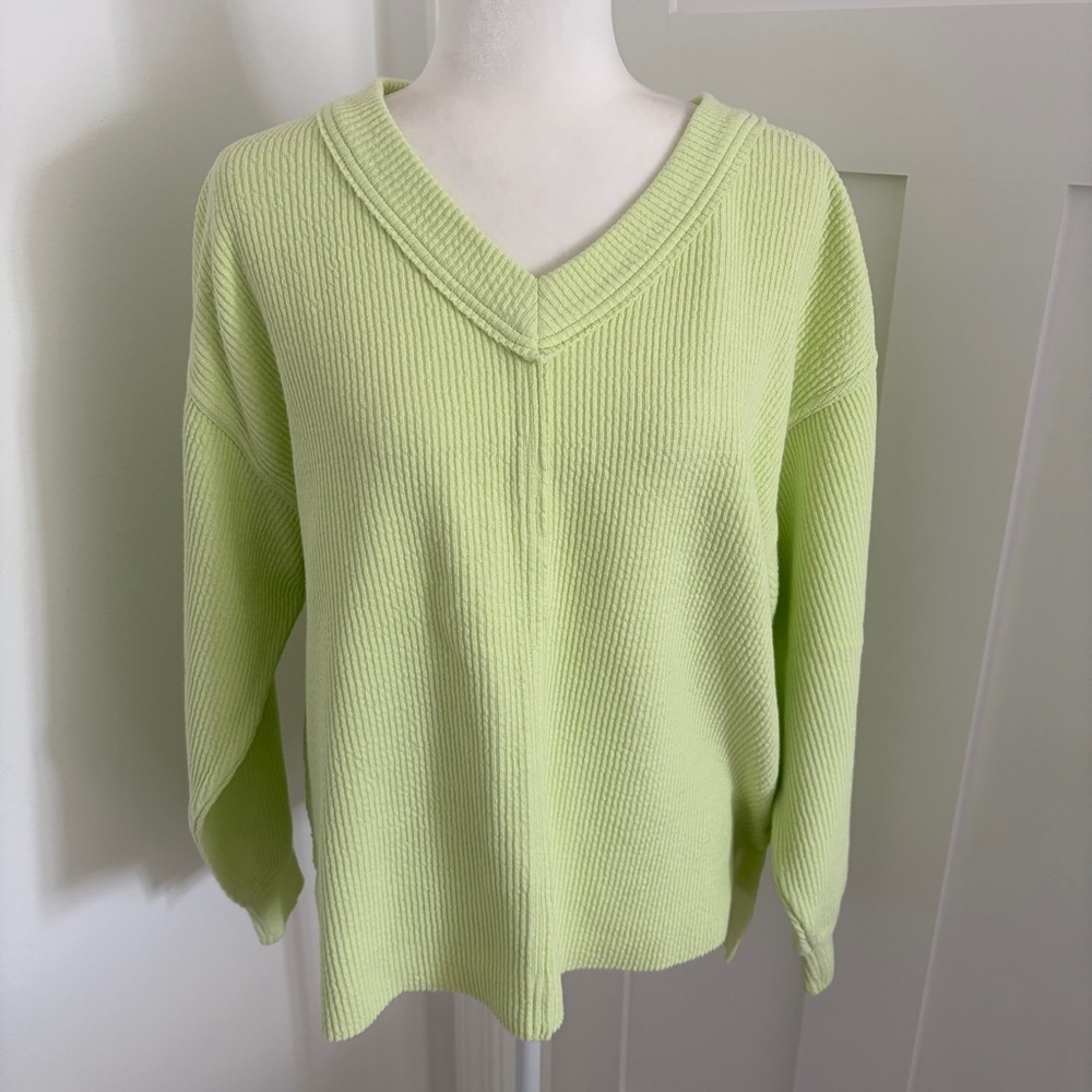 Aerie Ribbed V-Neck Sweater XS Lime Green Oversized Pullover Soft NWOT*T9